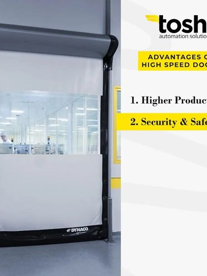 This series of images highlights the key advantages of our high speed doors. They increase productivity, improve security, reduce heat and cold loss, control airflow, and are easy to maintain, making them a smart investment for any industrial facility.