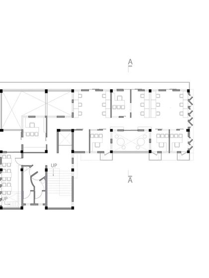A typical floor plan for the ASA Office, illustrating the layout of workstations, meeting rooms, and the central corridor that opens onto balconies and shared spaces.