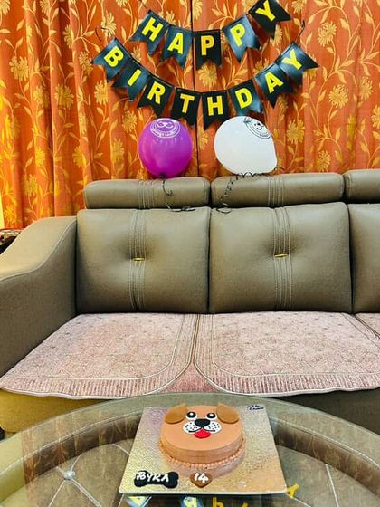 A full view of Byra's birthday setup. The "Happy Birthday" banner you see is part of our affordable party box, which makes decorating for your pup's big day simple and fun.