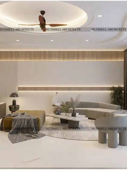 Another perspective of the party lounge, showing the curved architectural details and large windows that fill the room with light. The furniture is modern and sculptural, adding to the room's sophisticated feel.