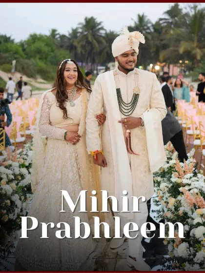 A picture-perfect moment of the bride and groom, Mihir and Prabhleem, at their Goa wedding. Her makeup is soft, radiant, and ideal for a day wedding.