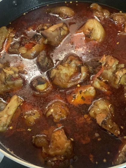 A pot full of my authentic pig trotter curry. The gravy is rich and spicy, perfect with a plate of steamed rice.