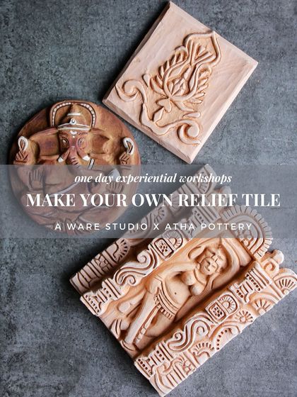 The announcement poster for our "Make Your Own Relief Tile" workshop, featuring a collage of stunning, intricately carved tiles.