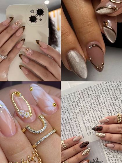 Some beautiful, elegant nail inspo with gold details, 3D flowers, and cat-eye effects.