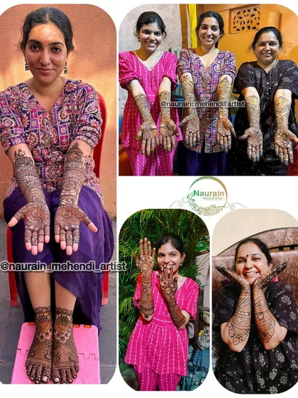 A collage of happy faces, including a bride showcasing her complete bridal mehendi on hands and feet.