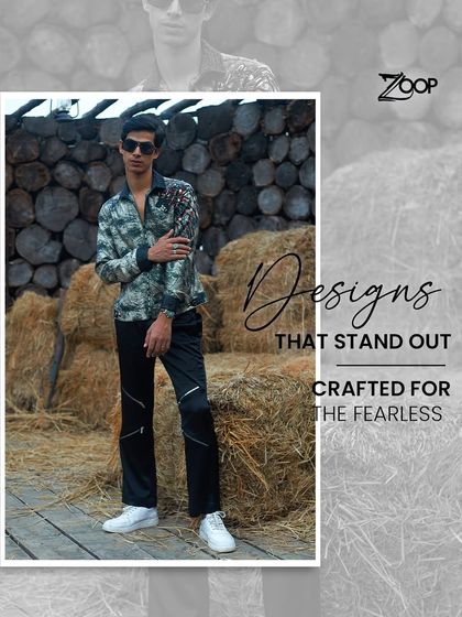 Let your outfit do the talking. This graphic highlights one of my edgier looks, featuring a camo-print shirt and zippered trousers, for a style that's as fearless as you are.