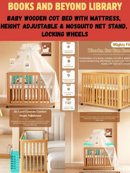 Ensure your baby sleeps safely and soundly with this wooden cot bed. It's height-adjustable, comes with a mattress and mosquito net stand, and features locking wheels for convenience.