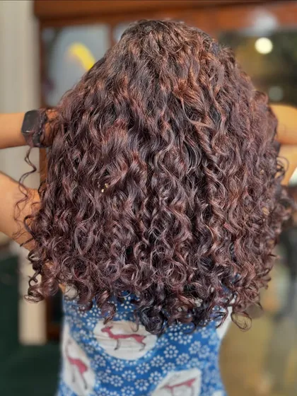 A collection of my other no-bleach balayage and color work, showcasing a variety of tones from subtle browns to vibrant reds on different curl types.