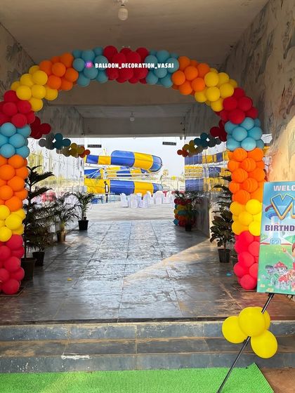 An impressive entrance arch for a Paw Patrol themed party at a resort. The colorful balloon arch and welcome sign set the tone for a fun-filled day.