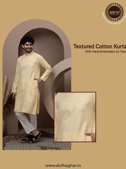 A textured cotton kurta in a cheerful yellow, perfect for festive occasions. The graphic includes a close-up of the fabric and embroidery.