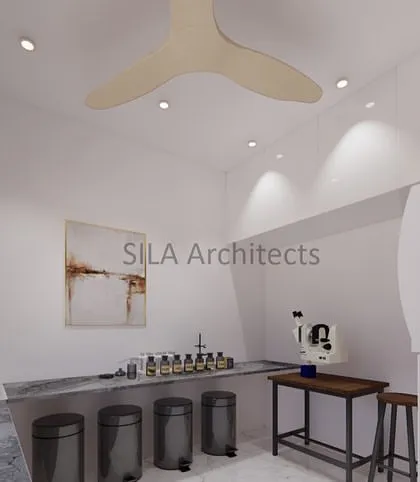A concept for a hospital's laboratory or utility area, designed for functionality and hygiene with stainless steel countertops and ample storage.
