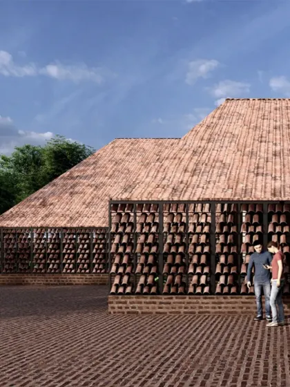 This is a design for a restaurant on the highway to Benaras. The architecture reinterprets traditional materials, with terracotta roof tiles flowing down to become sculptural wall screens. It's a modern take on vernacular design, rooted in material honesty while creating a unique, monolithic form.