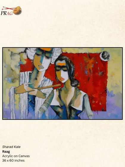 'Raag' by Sharad Kale, an abstract figurative piece where two figures seem to emerge from the music, their forms blending with the colors of the melody.