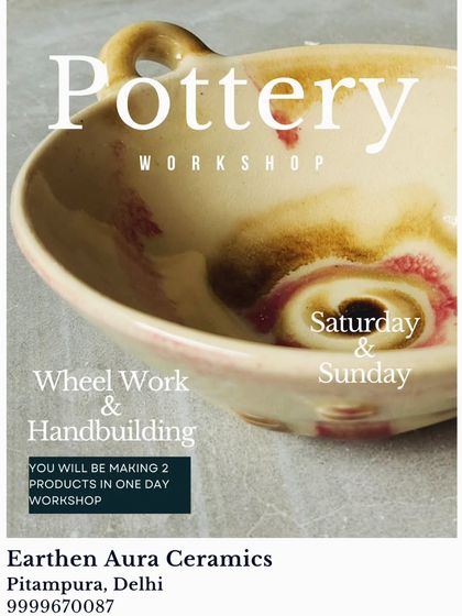 A poster for my weekend pottery workshop, where you can learn both wheel work and hand-building and make two products in a single day.