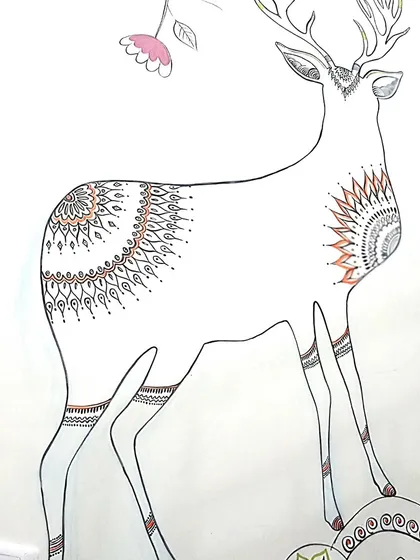 The deer from the same staircase mural. The combination of simple outlines and detailed mandala art on the body is a style I really enjoy.