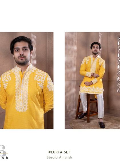 A diptych of the zesty yellow kurta, showing a portrait and a seated full-length view.