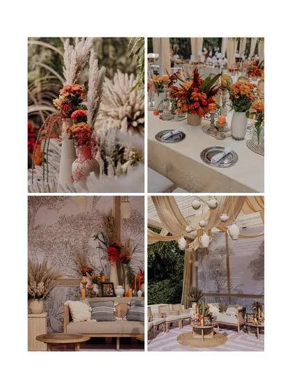A collage showcasing the beautiful, earthy, and rustic decor from an intimate farmhouse engagement party.
