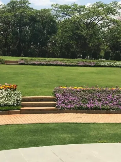 A large, terraced lawn with colorful flower beds. This type of large-scale earth shaping and planting is ideal for parks or expansive residential properties with sloping terrain.