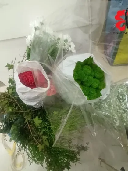 A selection of fresh materials, including green button mums and other foliage, ready for a workshop. We always provide a variety of high-quality flowers and greens for our students to work with.