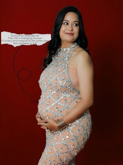 This creative portrait includes a heartfelt quote about the feeling of a baby's kick. The mother-to-be's gentle smile reflects the profound emotion described in the text.