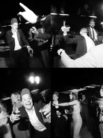 A fun black and white collage from a themed party, with guests wearing fez hats, dancing, and enjoying the lively atmosphere.