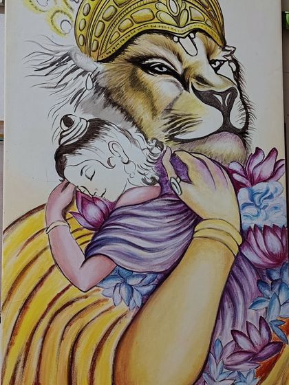 A work-in-progress shot of the Narsimha Prahlad painting. Here you can see the color blocking and initial layers coming together to form the gentle expressions of both the Lord and his devotee.
