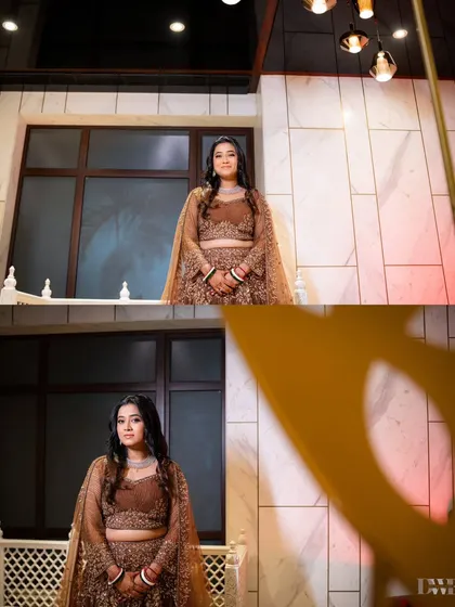 A collage of the bride's portraits from her reception. Her elegant brown lehenga and confident poses are beautifully captured.