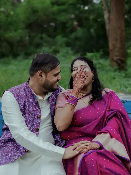 A moment of pure, uninhibited laughter from Anushree during her engagement shoot with Milind. These are the authentic moments I strive to capture.