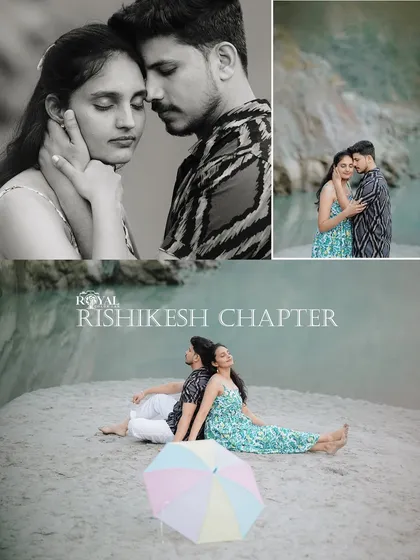 A collage titled 'Rishikesh Chapter', showing a couple's romantic moments on the riverbank, including a cute shot with a colorful umbrella.