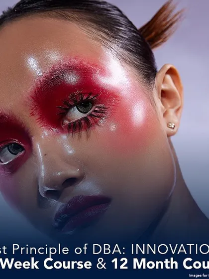 An innovative and artistic look featuring red glossy blush and textured lashes, a key principle of our advanced courses.
