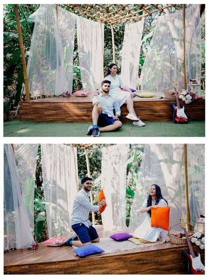 A playful pillow fight in a charming, rustic gazebo. This shows that pre-wedding shoots can be all about having fun and being yourselves.