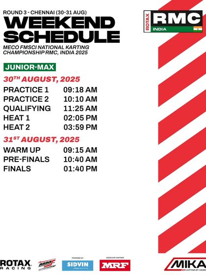 The detailed weekend schedule for the Junior Max class at Round 3 in Chennai. We provide a clear and professional timetable for all sessions, from practice to the finals.