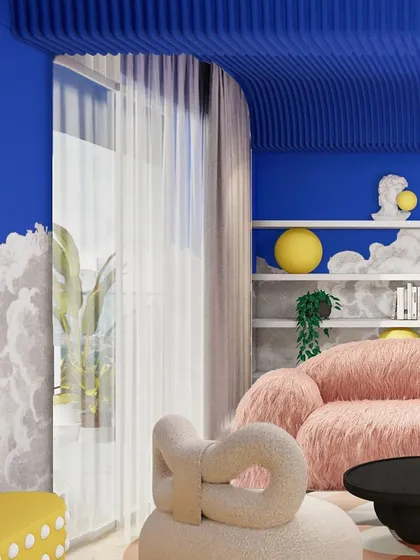 A close-up of the lounge, showing the playful textures of the furry sofa and the sculptural armchair.