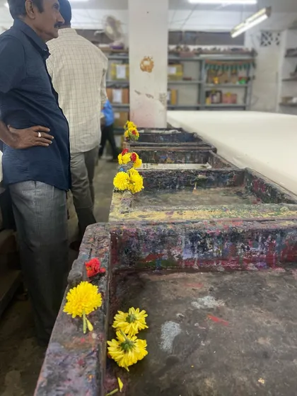 Ayudha Pooja at our studio is a special day where we honor the tools of our craft. Led by our artisans, we adorn every corner with flowers and pay respect to the traditions passed down from our founder.