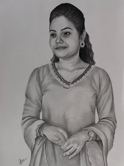 A custom pencil portrait of a woman in a salwar kameez, capturing a pleasant and calm demeanor.