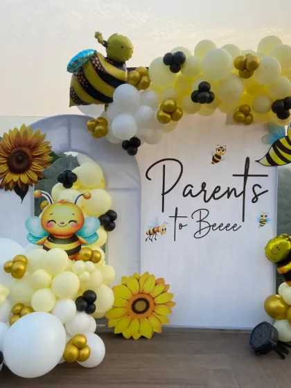 Another angle of our bee-themed baby shower setup, showing how the different elements come together to create a cohesive and beautiful party design.