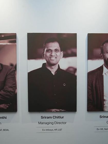Portraits of our leadership team—Ashok Jayanthi, Sriram Chitlur, and Srinath Setty—were on display at the Farm Expo, showcasing the experience and vision behind Hosachiguru.