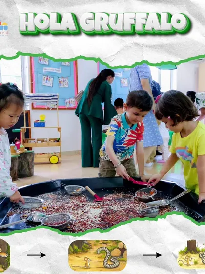 This sensory tray represents the log-pile house of the snake from 'The Gruffalo'. Children get to explore different textures and materials, making the story a multi-sensory experience.