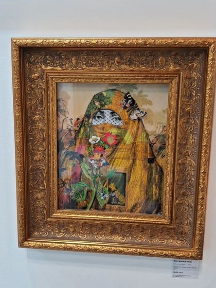 A collage piece by Beygumbano featuring a veiled figure adorned with flowers and butterflies, creating a mysterious and beautiful image.