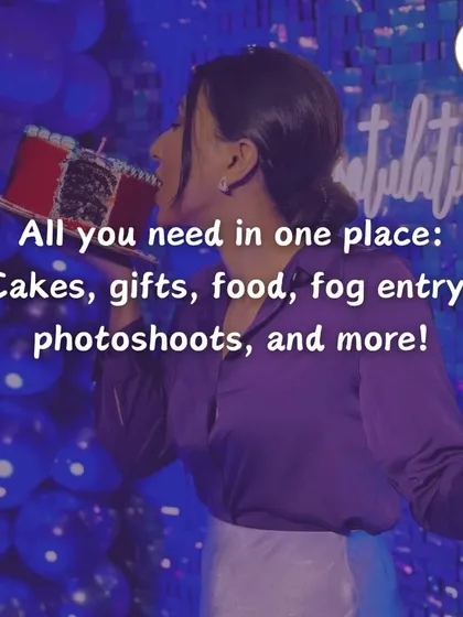 We are your one-stop shop for celebrations. This image highlights that we provide everything you need in one place: cakes, gifts, food, our signature fog entry, photoshoots, and more.