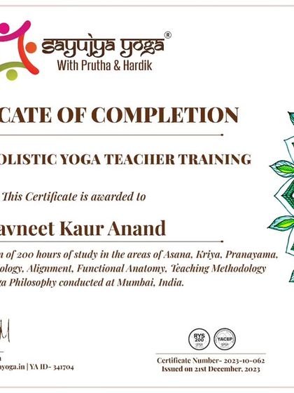 Certificate of completion for a graduate of our 200-hour Holistic YTTC in Mumbai.