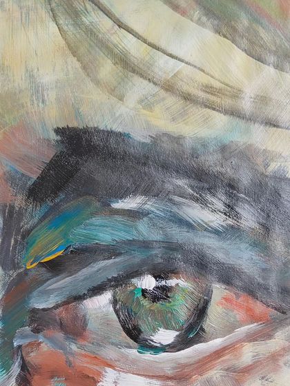 A detail of the expressive brushwork around the eye in "Colors." This piece was about feeling free with the paint and the process.