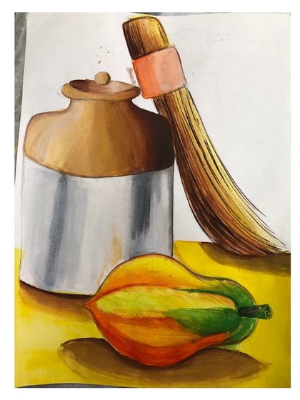 A close-up of the elementary grade still life, featuring a jar, a brush, and a papaya. We start with simpler arrangements to build a strong foundation.