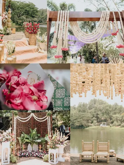 A collage showcasing the intricate details of a lakeside wedding. From the custom-carved wooden screens and floral arrangements to the petal-filled cones for guests, every element was thoughtfully curated.