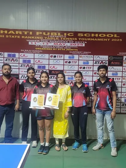 A group of our talented female players and a coach at the 1st Delhi State Ranking Tournament. Akanksha Singhal's multiple medals were a highlight of the event.