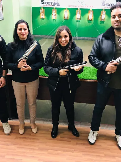 This group proudly holds their air pistols after a session at our Noida Sector 40 range. We are always excited to introduce new people to shooting.