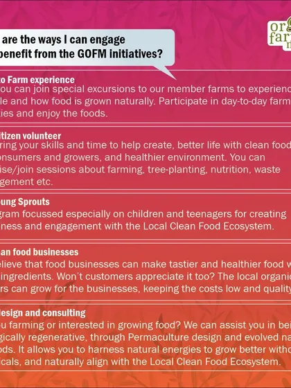 An infographic outlining the various ways people can engage with our initiatives, from farm visits to volunteering.