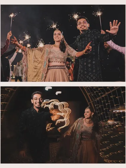 The couple's sparkler entry into their Sangeet, a magical start to an evening of celebration, captured from multiple angles to show their joy and the excitement of the guests.