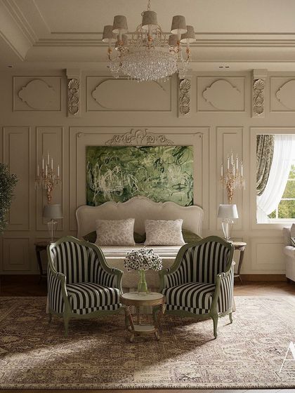 This angle shows the balance and symmetry of the room's layout. The two armchairs create a perfect conversation nook, while the large window provides a beautiful view and ample natural light.