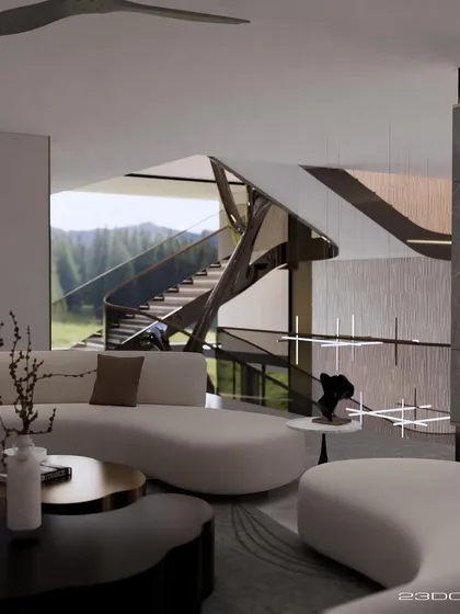 From the living area, the sculptural staircase of the Meraki project is visible in the background, connecting the different levels of the home while serving as a constant point of visual interest and modern artistry.